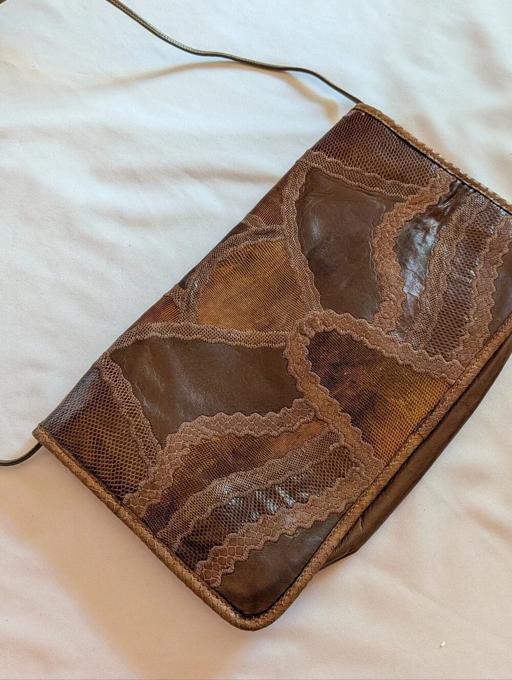 Vintage Carlos Falchi Brown Patchwork Leather Messenger Bag